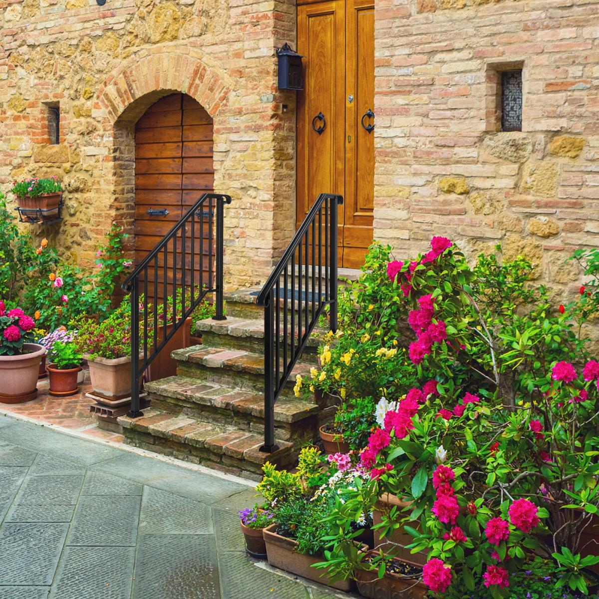 Black Wrought Iron Outdoor Stair Handrail for 3 or 4 Steps - Garden & Patio Railing with Installation Kit