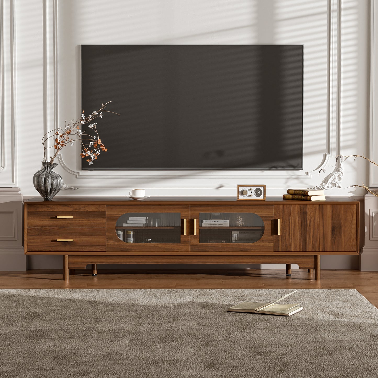 Modern 78-Inch TV Stand for TVs Up to 85" with Glass Doors & Drawers - Walnut