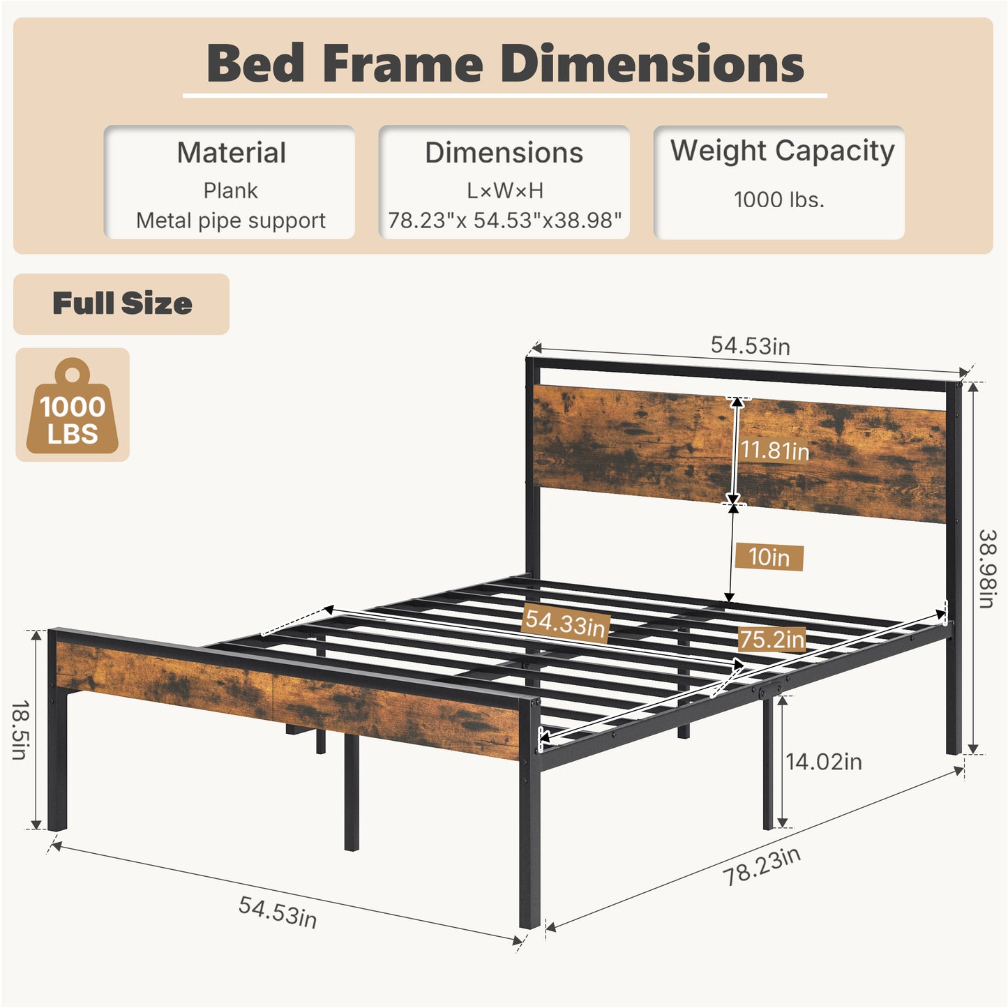 Heavy-Duty Metal Platform Bed with Wooden Headboard and Storage