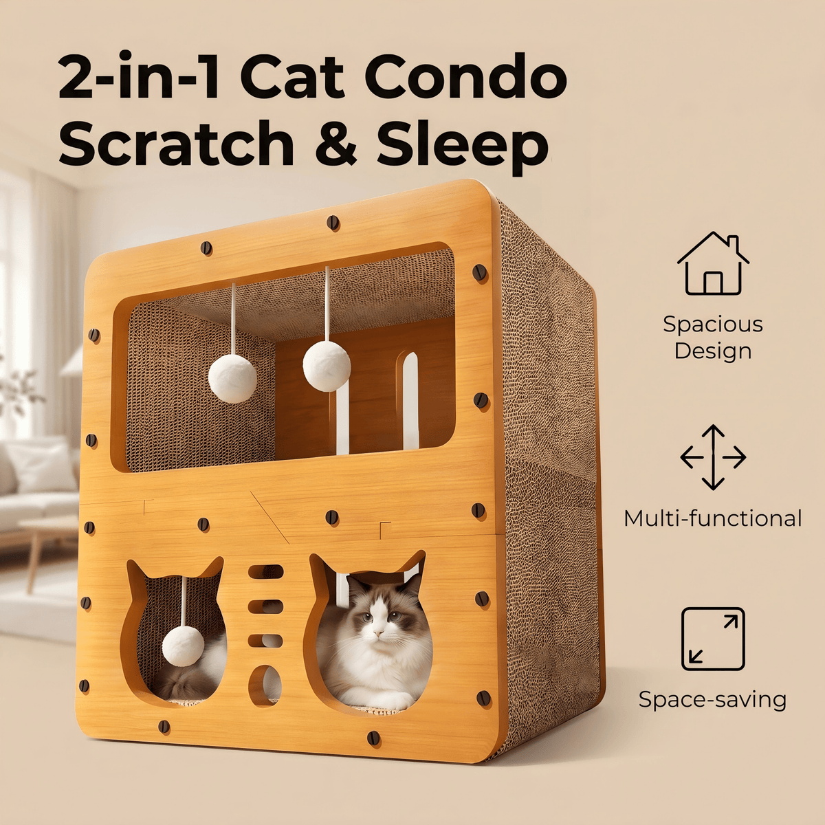 Double Layer Cat Scratcher House Large Space Cat Bed with Hanging Toy