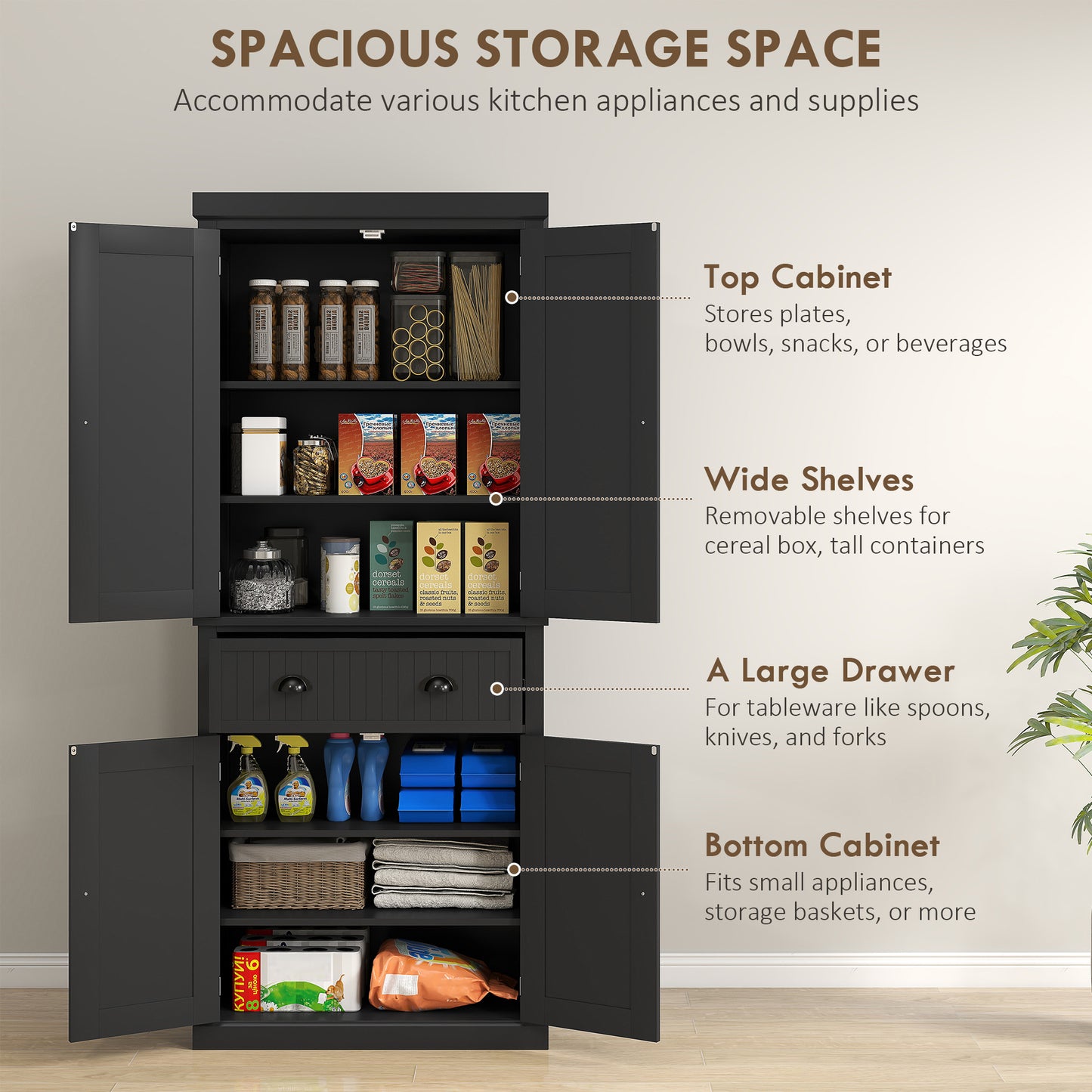 72" Kitchen Pantry Storage Cabinet with Adjustable Shelves - Black
