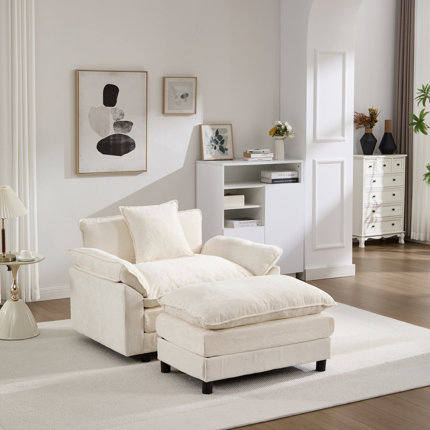 Modern Chenille Accent Chair with Ottoman - Beige Upholstered Armchair