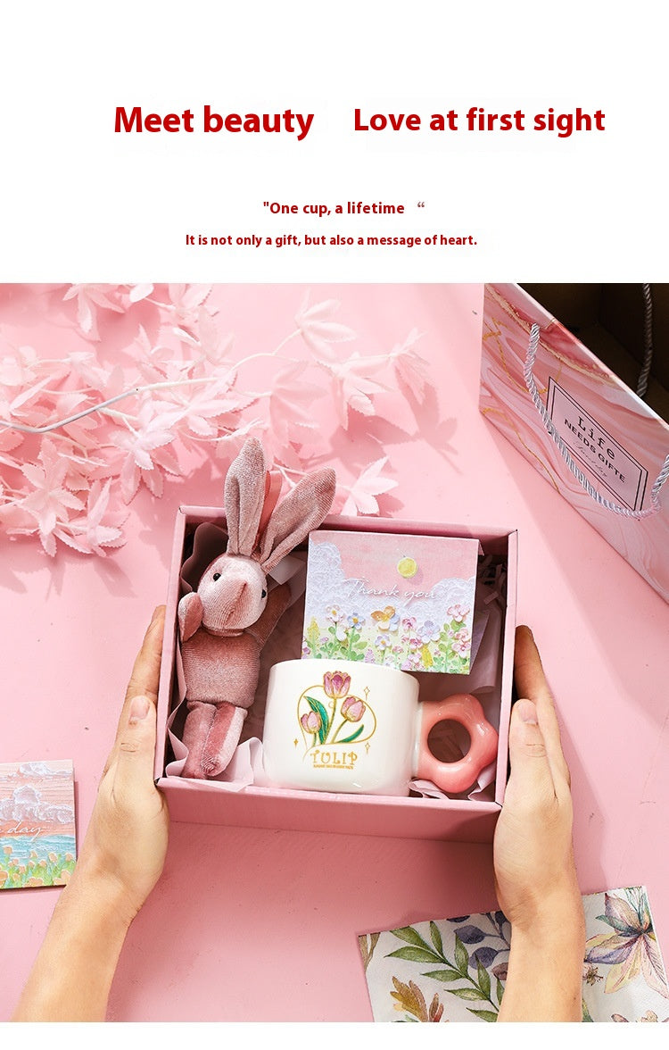 Ceramic Tulip Glass Cup with Bunny Pendant and Gift Card, 301-400ml