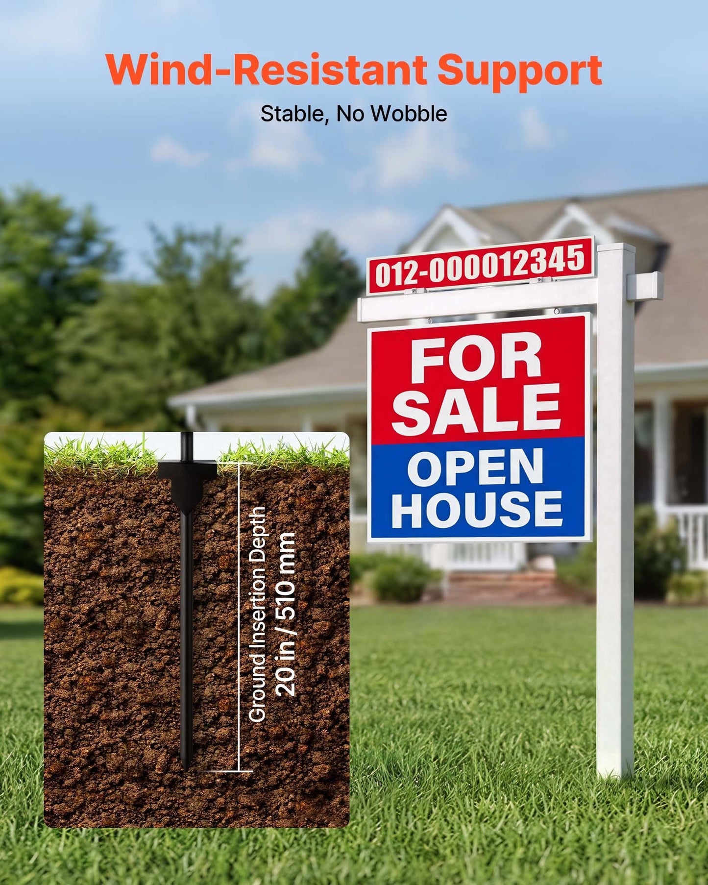 6 Ft Real Estate Sign Post with Wind-Resistant PVC Yard Sign Holder - Black