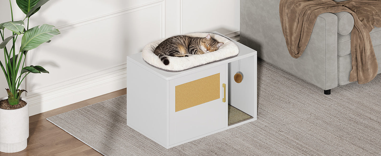 Multifunctional Cat Litter Box Cabinet with Odor Control & Side Table - White
