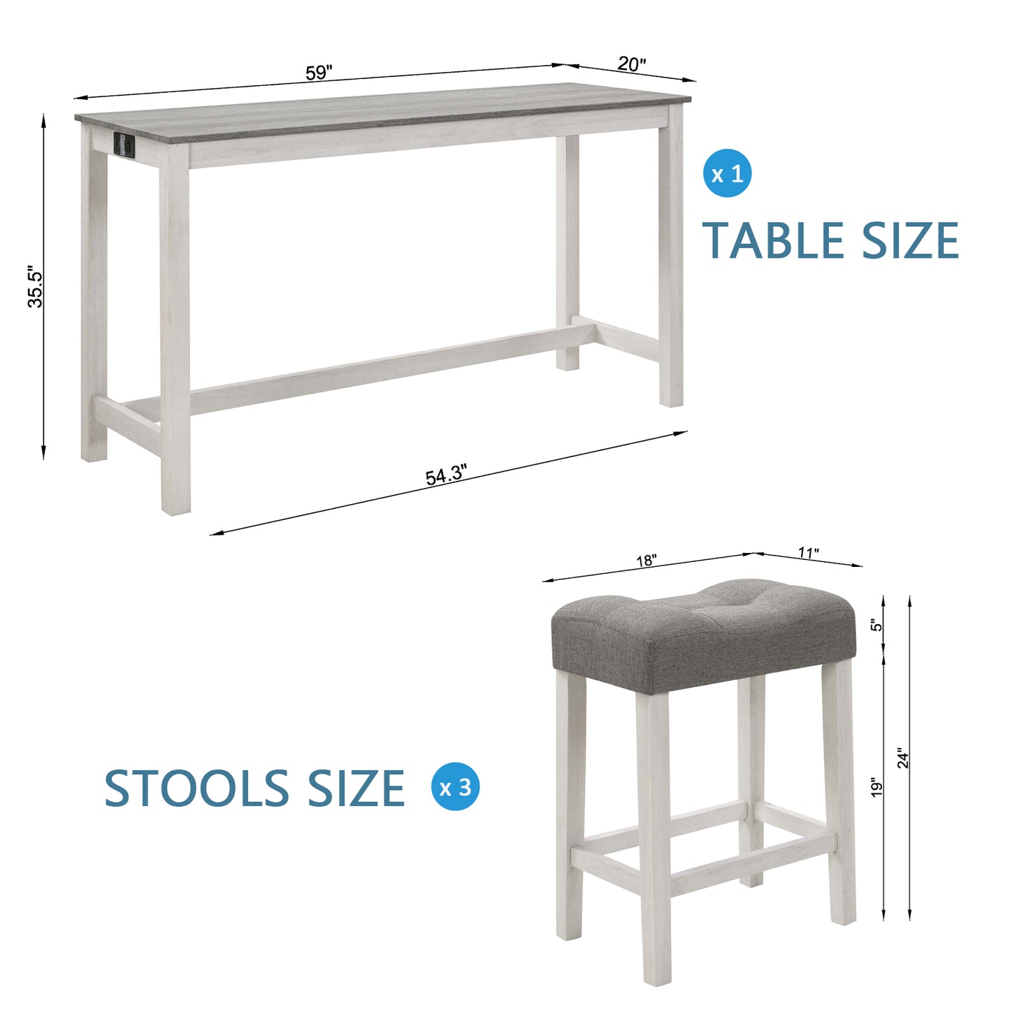 Bar Table Set with Power Outlet & 3 Padded Stools - Grey & White