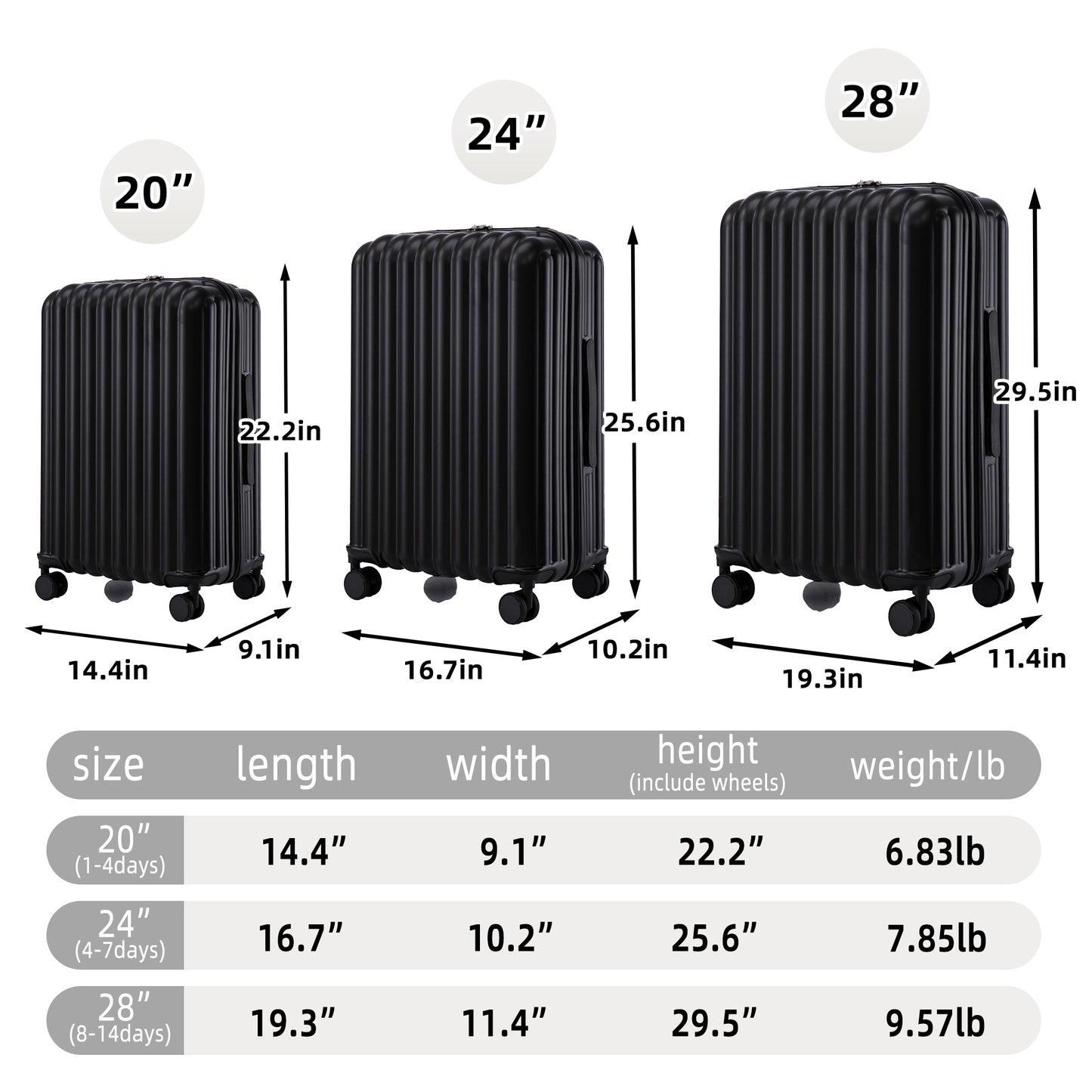 3-Piece ABS Spinner Wheel Luggage Set with Cup Holder & USB Port - Black