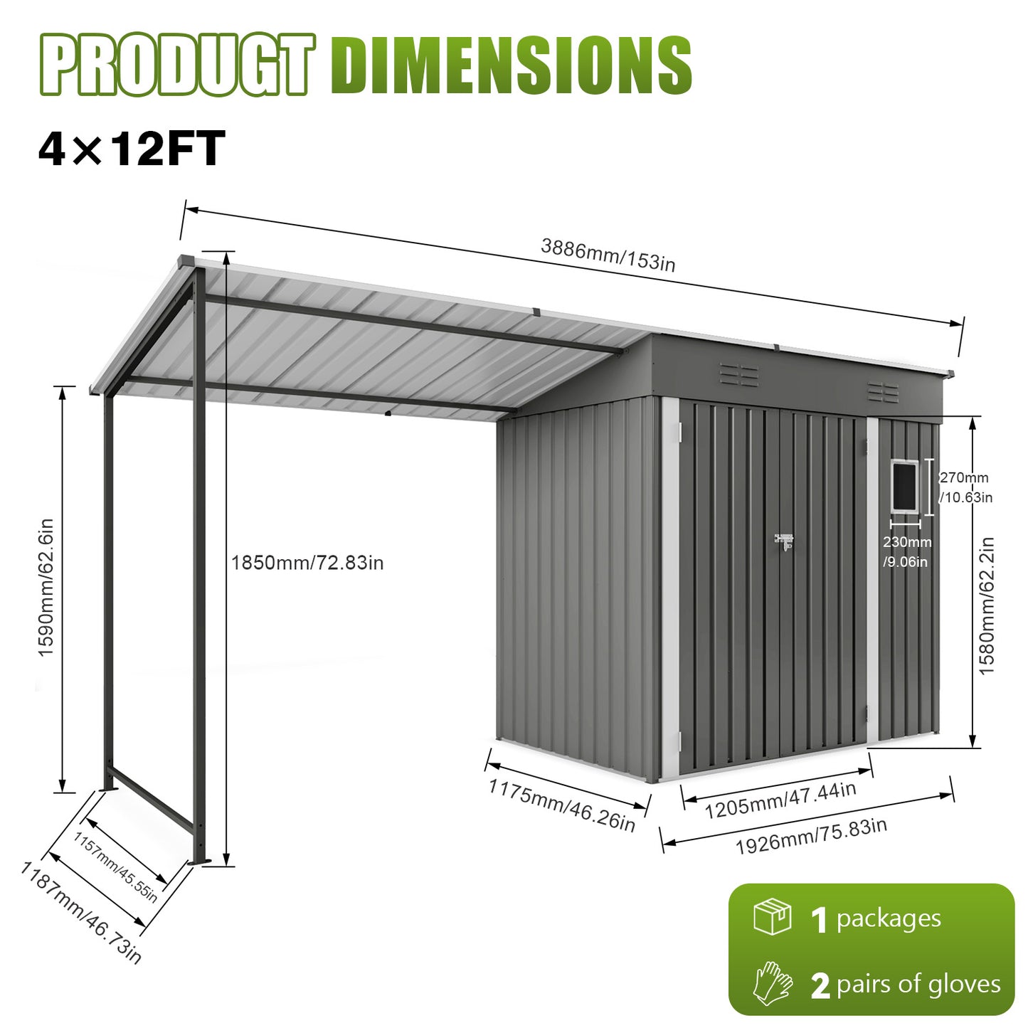 12x4ft Metal Lean To Shed With Open-Sided Pergola , 4'x6' Outdoor