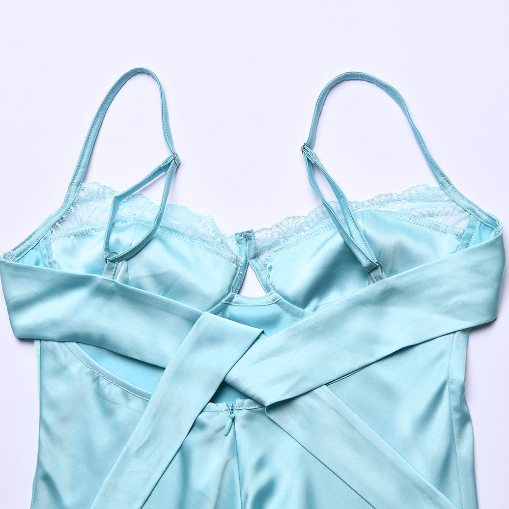 Lace Splicing Sling Short Dress with Low-Cut Design