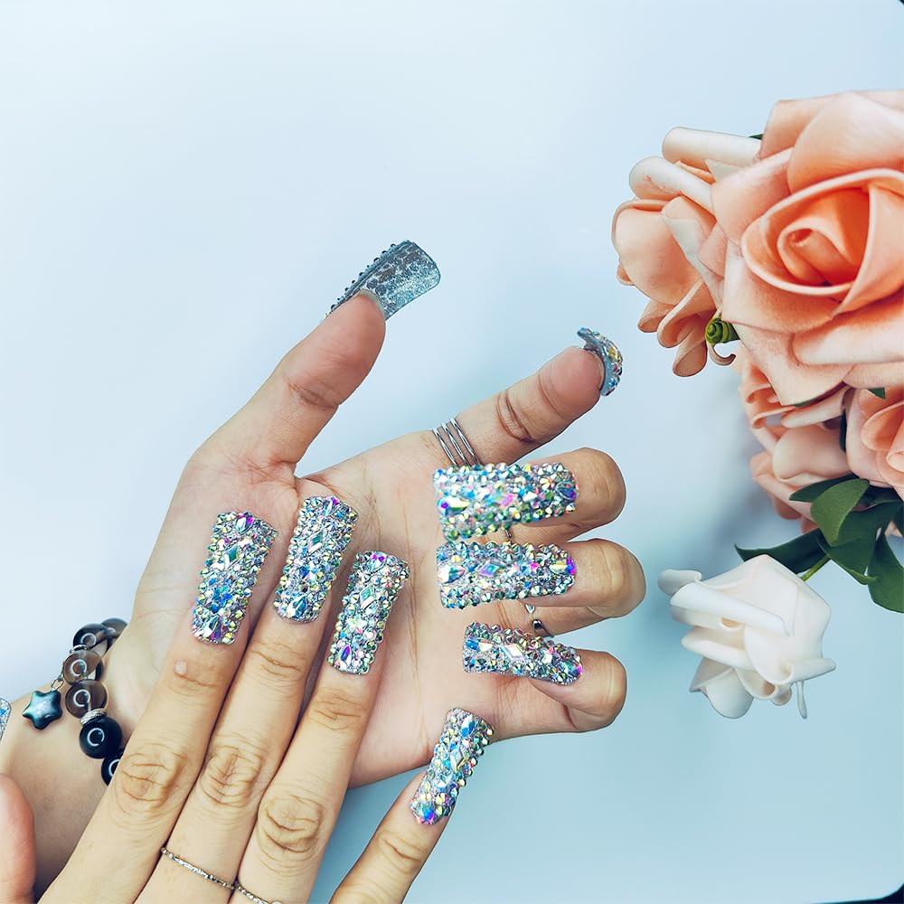 Reusable Acrylic Duck Nails - Handmade 3D Crystal Press-On Fake Nails