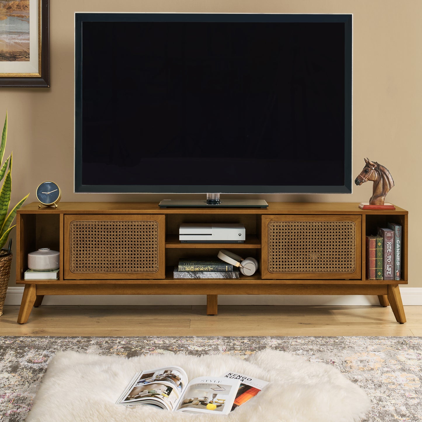 67.9-Inch Mid Century Modern Rattan TV Stand for TVs Up to 75" - Walnut Brown