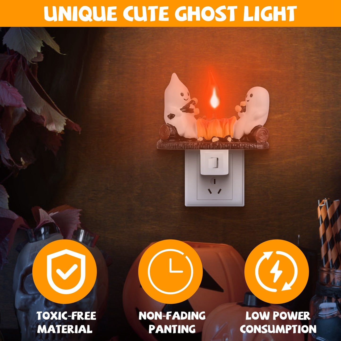 Ghost Campfire Flickering Night Light - Halloween & Bedroom Decor, Pack of 2