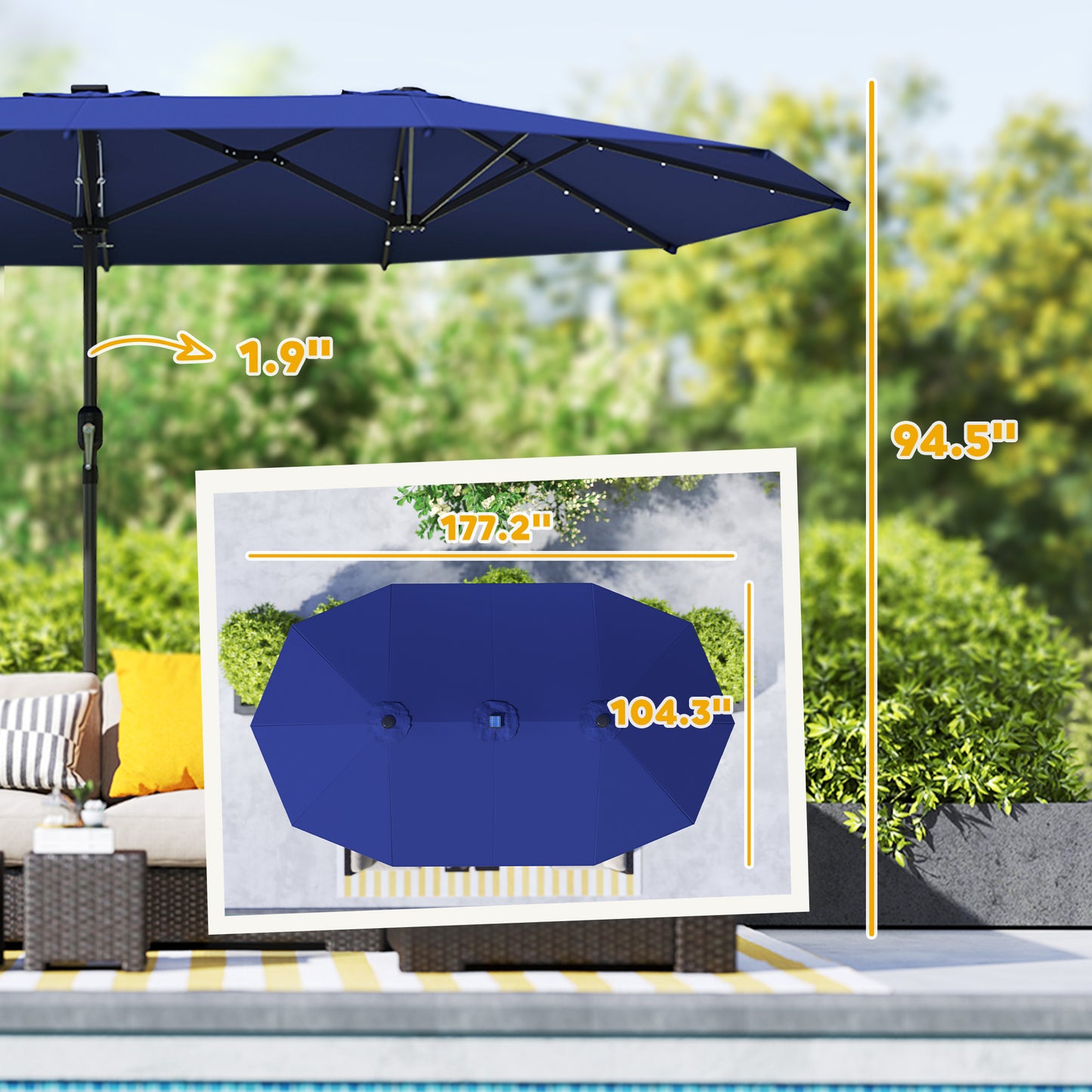 Double-Sided Patio Parasol with Solar LED Lights - Navy Blue