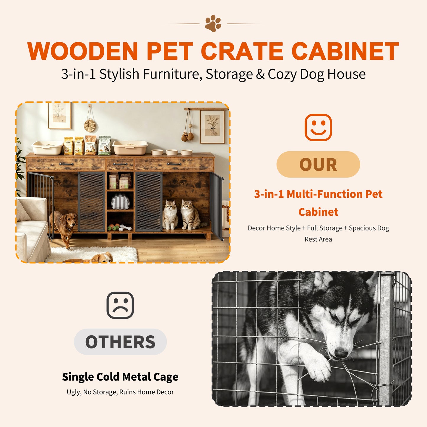 Large Wooden Dog Crate Furniture with Storage and Multi-Function Design