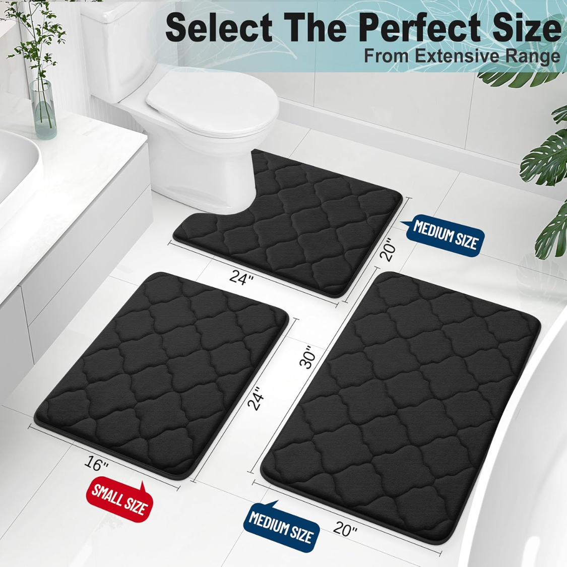 Memory Foam Bath Mat - Ultra Soft, Non-Slip, Machine Washable - Black