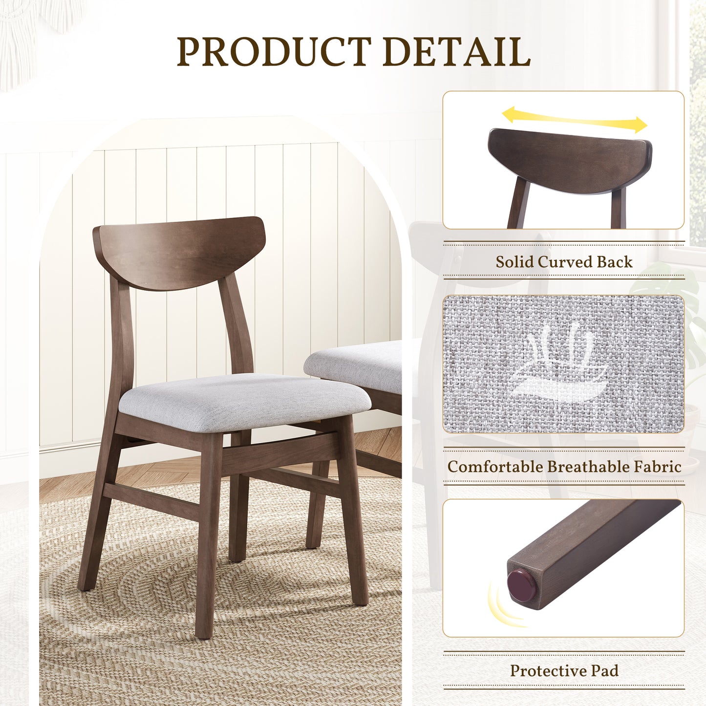 Set of 2 Modern Scandinavian Dining Chairs - Gray Fabric & Brown Wood