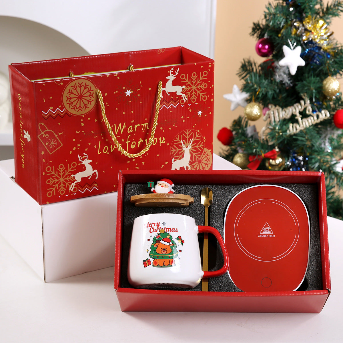 Christmas Gift Mug Set with USB Heating Coaster - Holiday Ceramic Cup