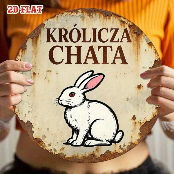 Vintage French Rabbit House Metal Wall Sign - 8-Inch Round