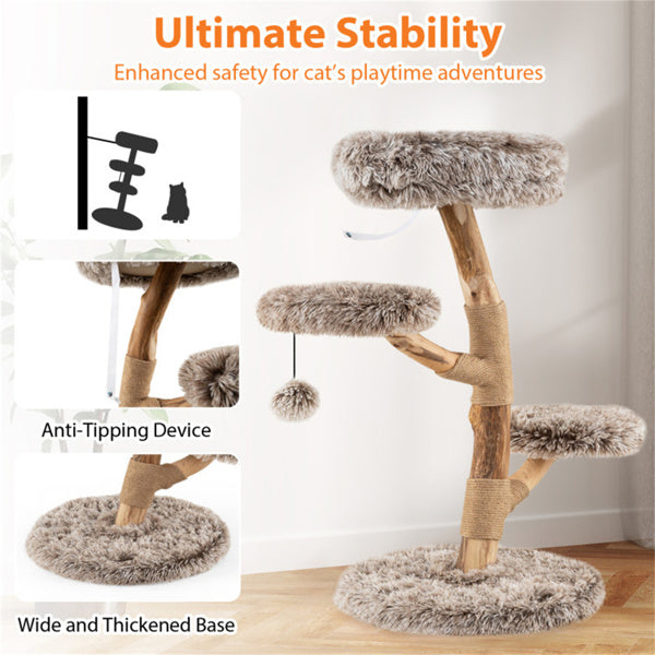 Natural Pear Wood Cat Tree with Scratching Posts & Plush Balls - Multi-Level Cat Furniture