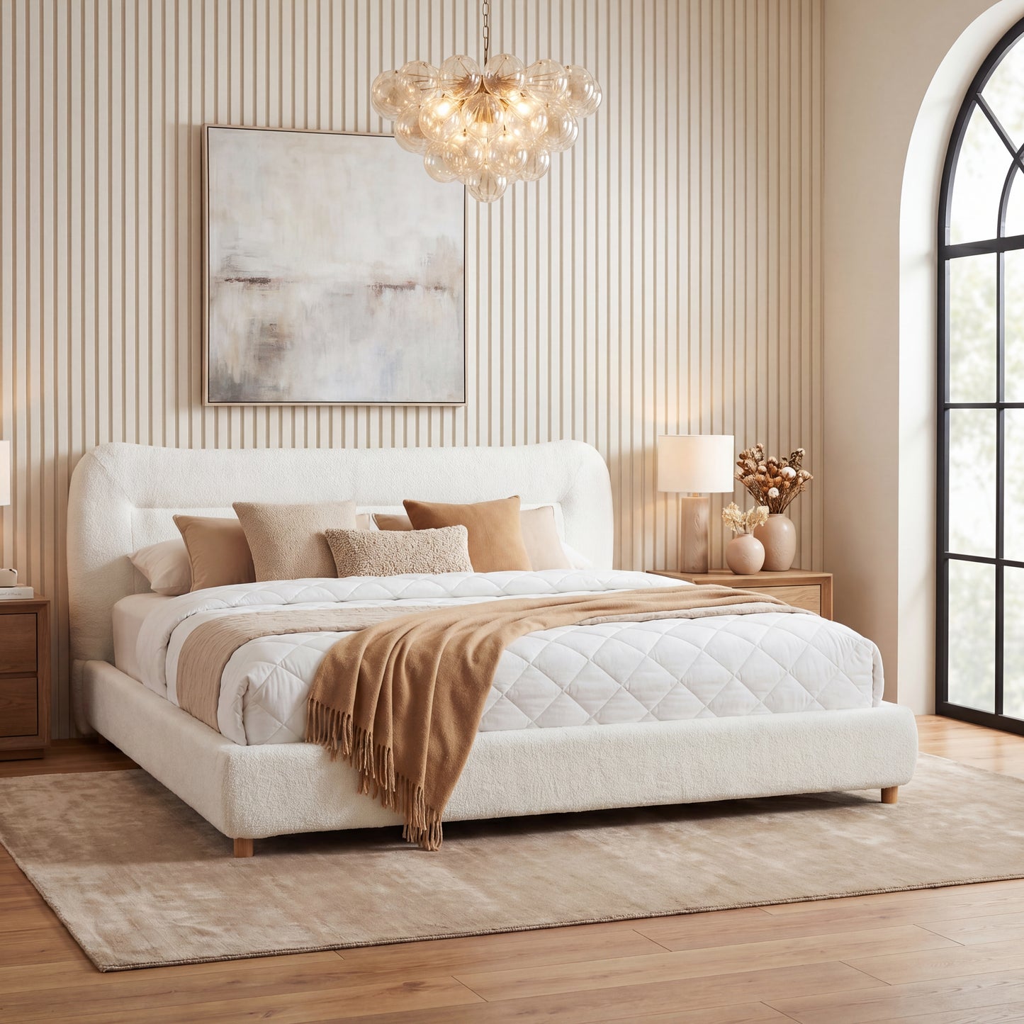 Queen Minimalist Curved Headboard Plush Bed - Cream