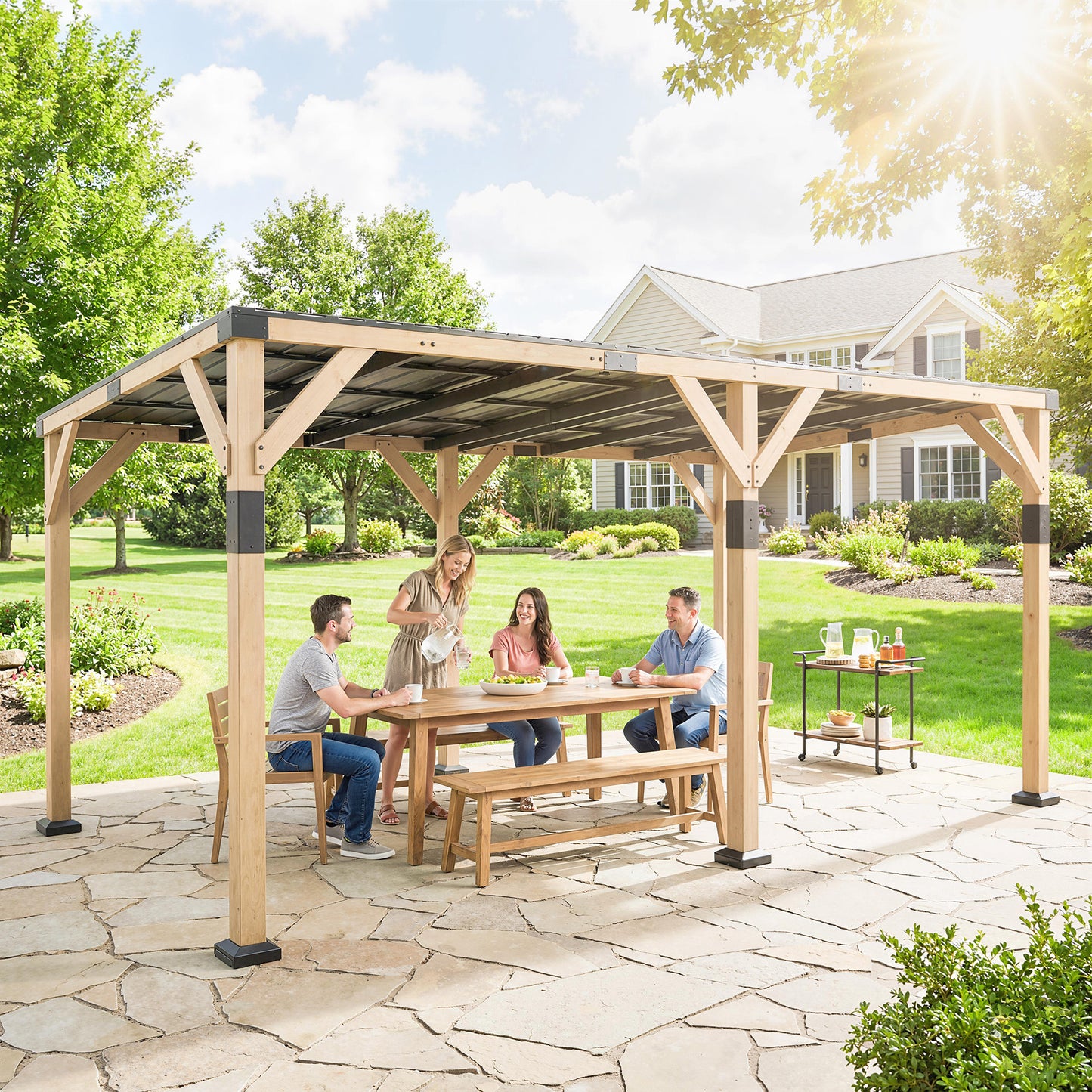 20' x 10' Wooden Lean-To Gazebo with Galvanized Steel Roof - Light Walnut
