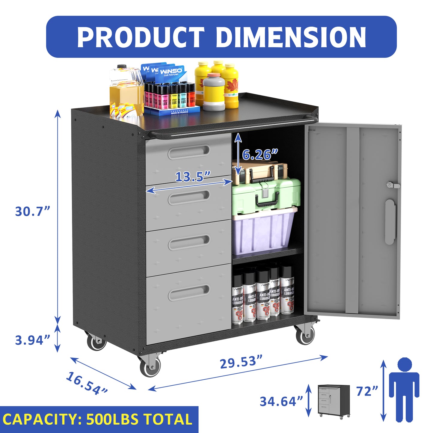 Sturdy Metal Tool Storage Cabinet With Wheels - For Garage, Office,