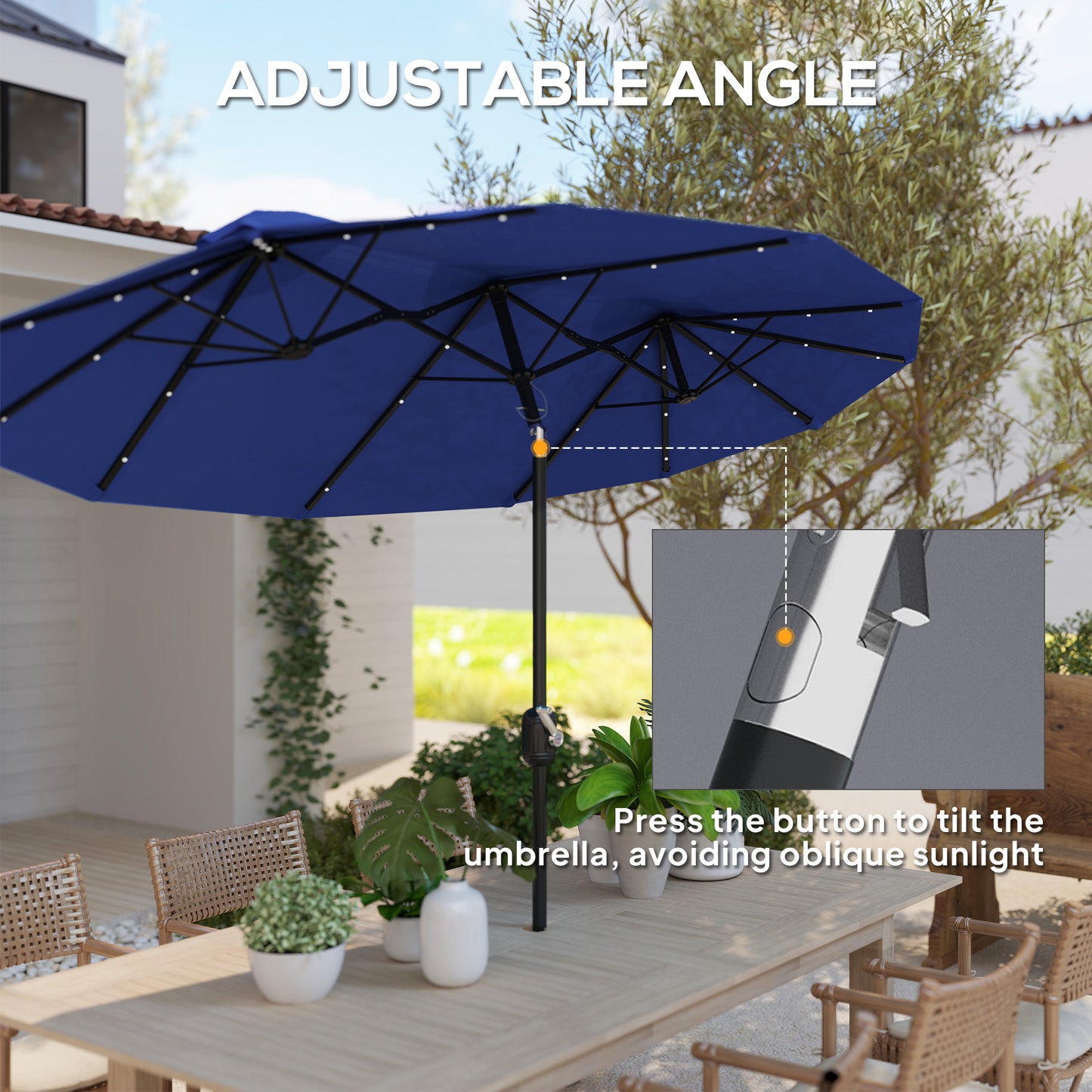 Double-Sided Patio Umbrella with LED Solar Lights - Navy Blue
