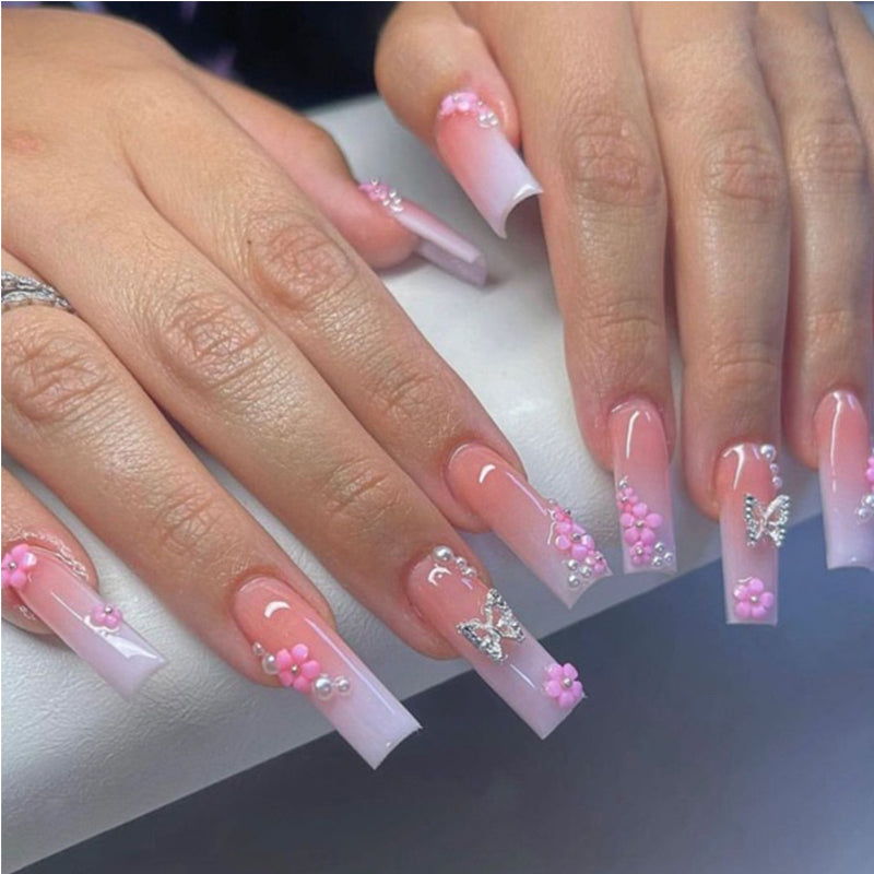 24pcs Long Square Fake Nails - Butterfly & Flower Diamond Press-On Set