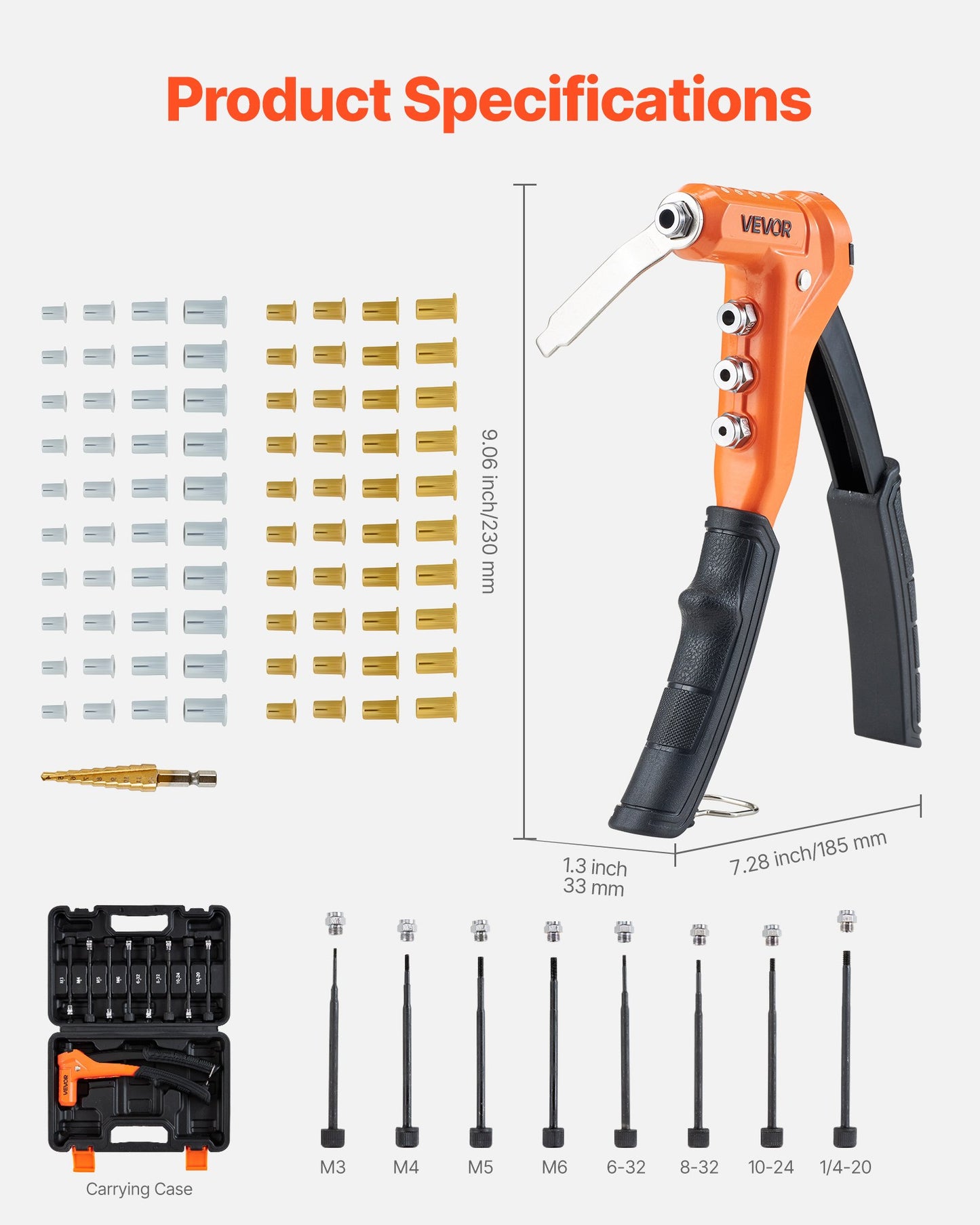 Rivet Nut Tool Kit with 8 Mandrels, Drill Bit & Carry Case - 9 Inch Hand Rivet Setter