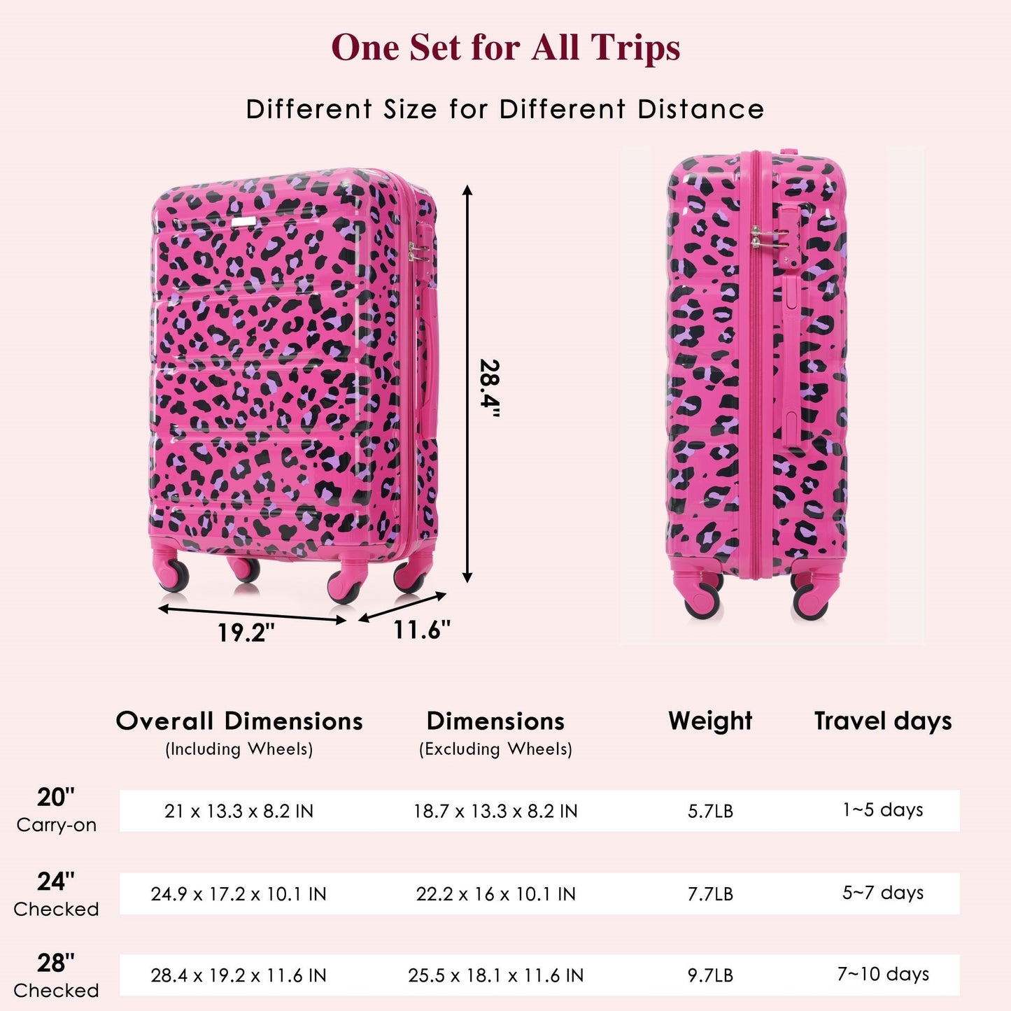 20-Inch Carry-On Luggage Set with USB Port - Fuchsia Leopard Print
