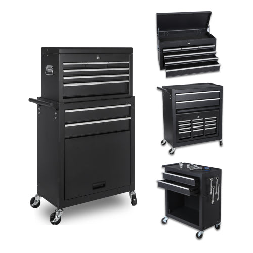 8-Drawer Rolling Tool Chest with Detachable Top Box, Lockable Wheels, Side Hooks