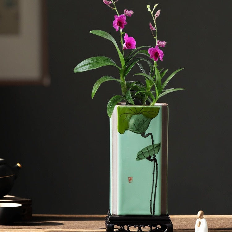 Indoor Decorative Ceramic Flower Pot with Support - Retro Square Design