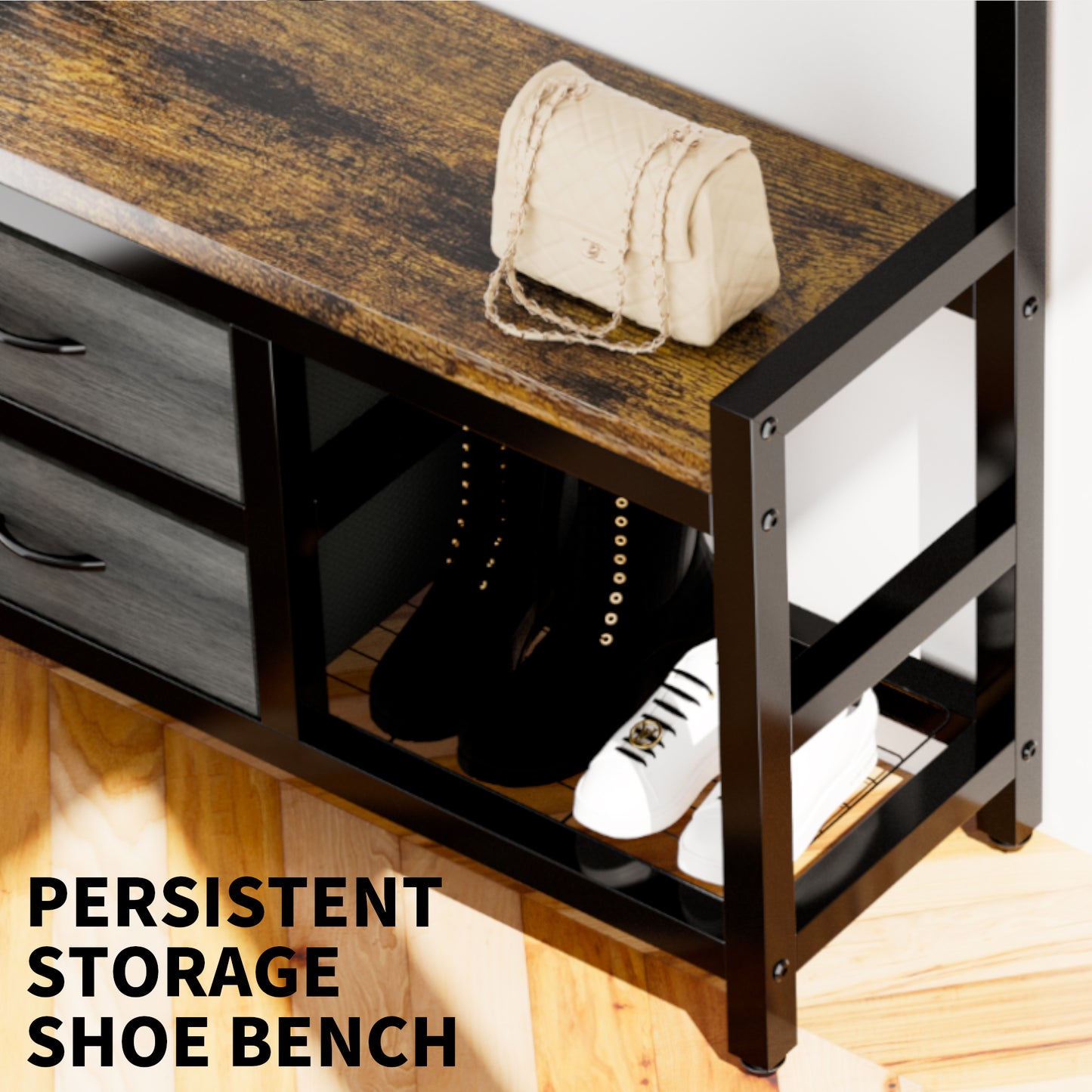 33.1 Wide Hall Tree With 2 Movable Drawers, Shoe Storage, Shelves And