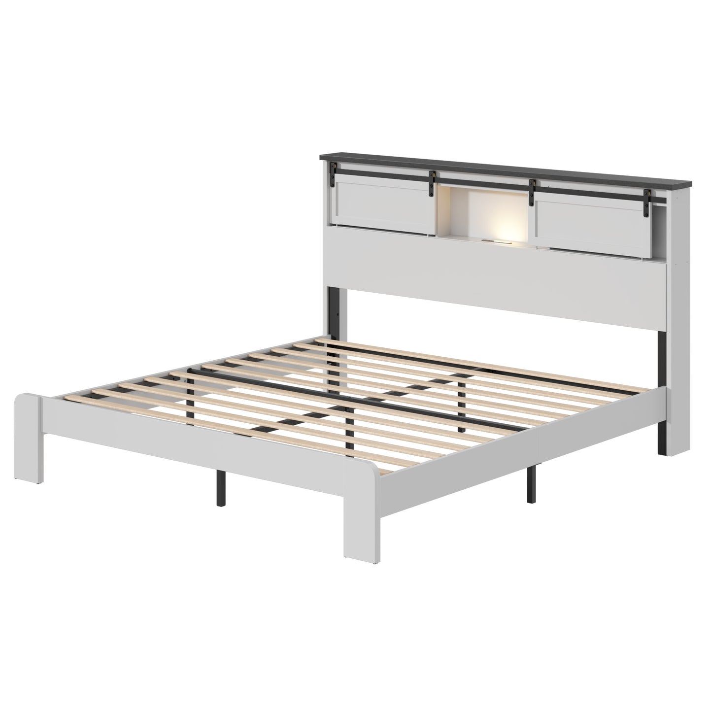 Queen Metal Platform Bed Frame with USB Charging Station - White
