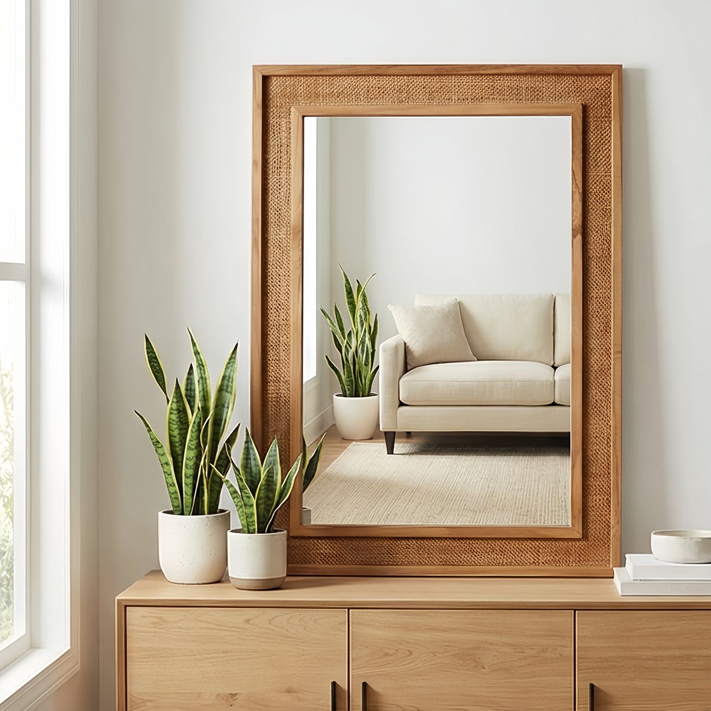 20"x30" Rattan Rectangle Decorative Mirror - Yellowish Brown
