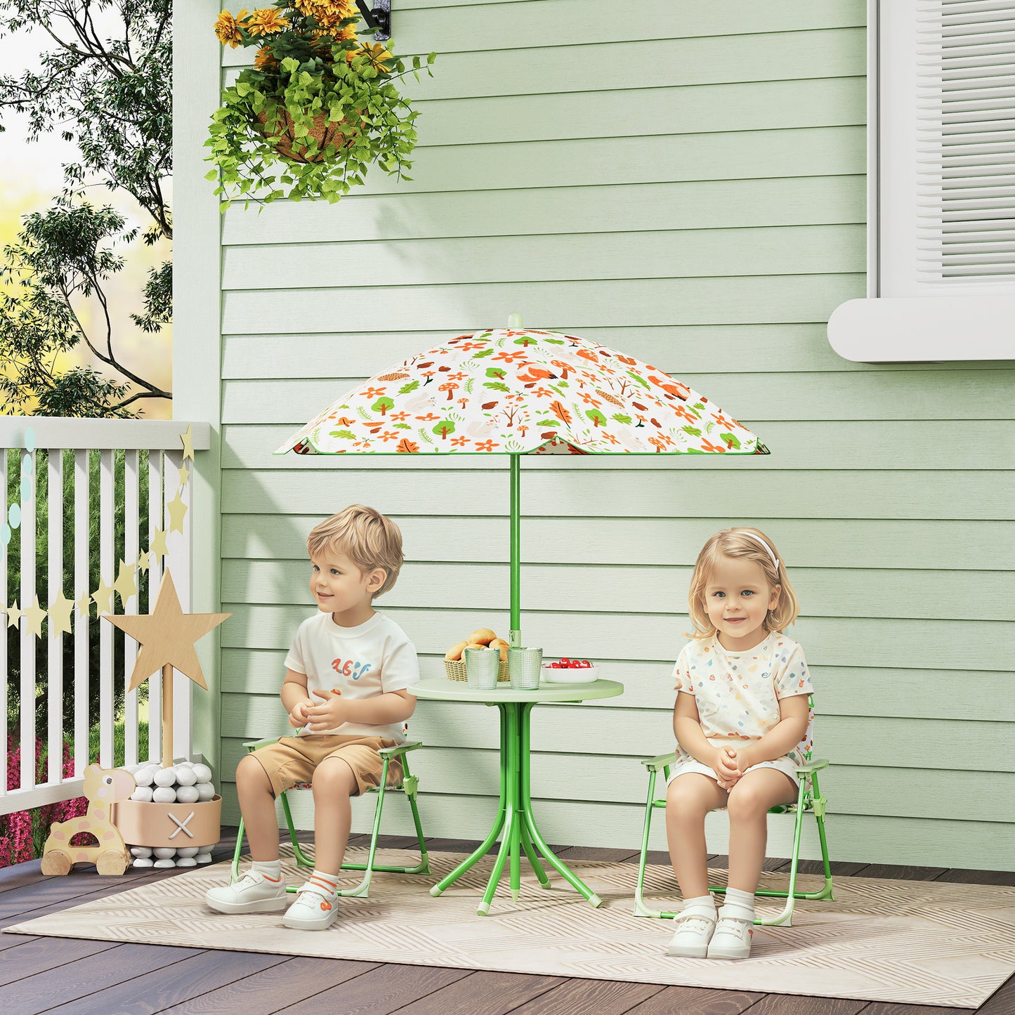 Kids Picnic Table and Chair Set with Umbrella - Green