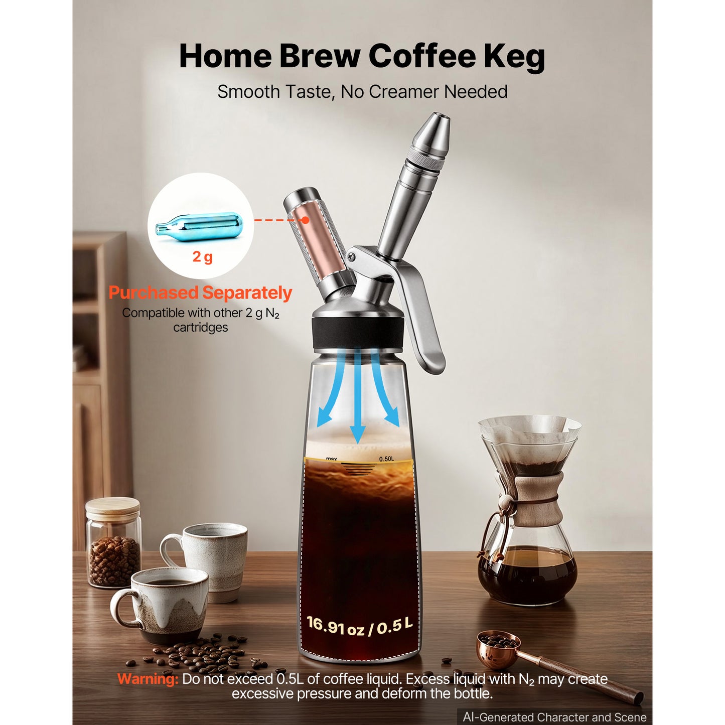 Nitro Cold Brew Coffee Maker 17 Oz Nitrogen Dispenser System - Home Brew Keg & Portable Infuser
