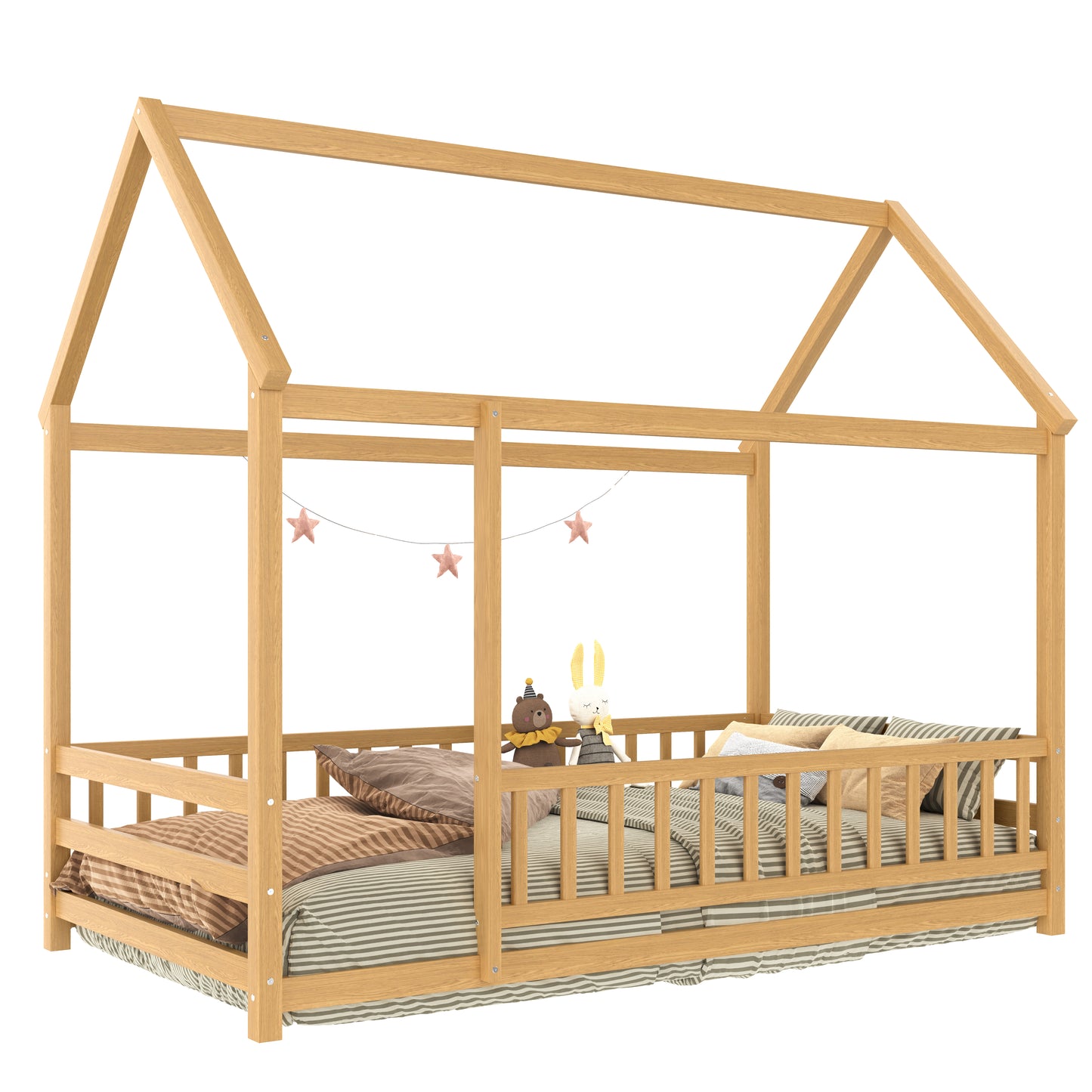 Twin Size Wooden Floor Bed with House Roof Frame - Natural