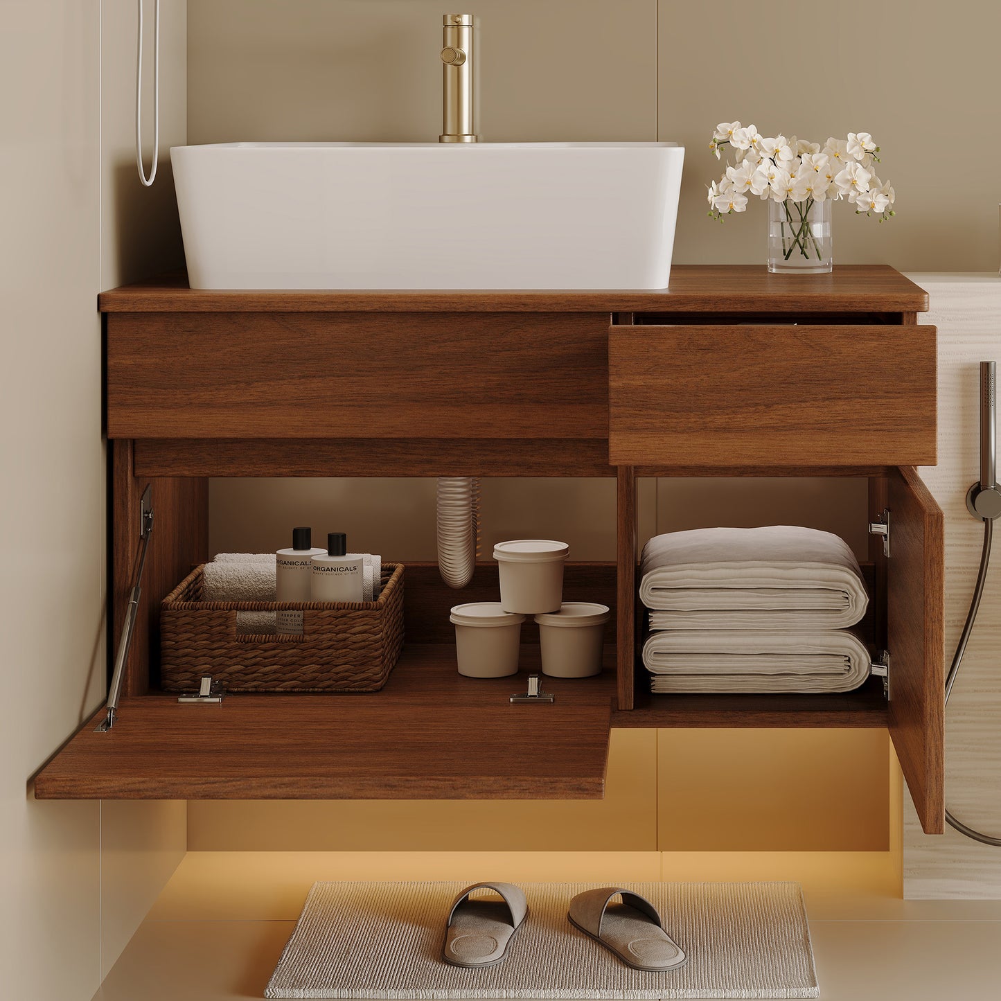 31.5-Inch Floating Bathroom Vanity with Sink - White & Walnut