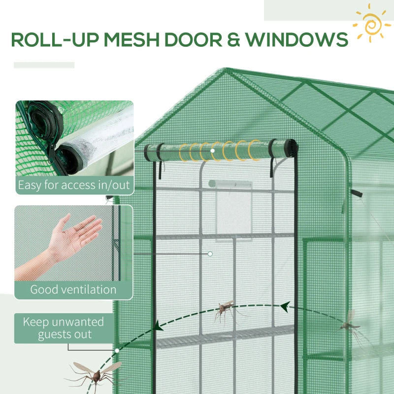 Walk-In Greenhouse for Outdoors with Mesh Door & Windows - 18 Shelves, UV Protection, Plant Labels, Green