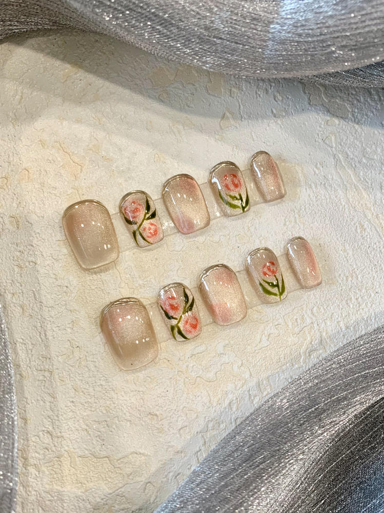 French Rose Nail Tips Set - Short Temperamental Fake Nails for Nail Art