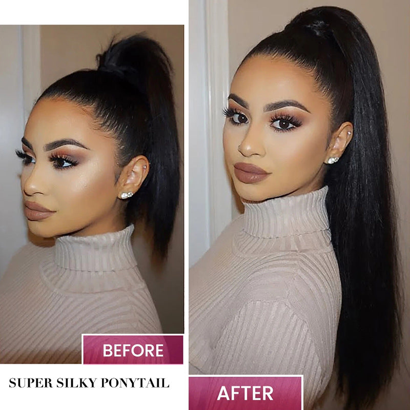 Natural Black Human Hair Ponytail Wig - Straight Style, 8-30 Inch