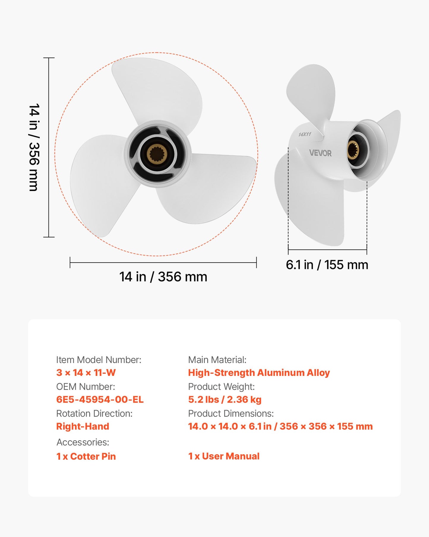Outboard Boat Propeller 3-Blade RH Fit Yamaha 50-130 HP Aluminum Replacement