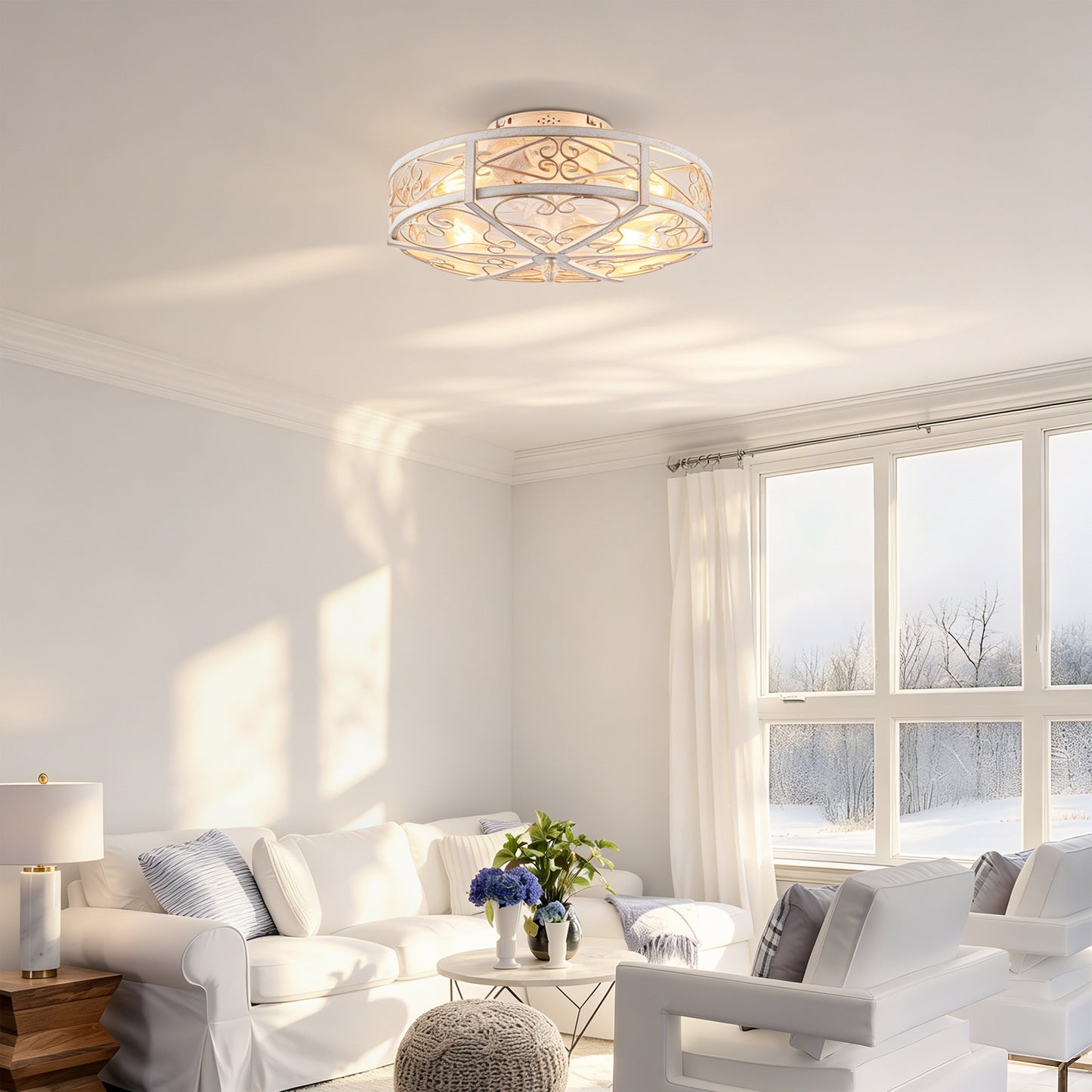 20'' Caged Ceiling Fan with Lights and Remote Control - Retro White