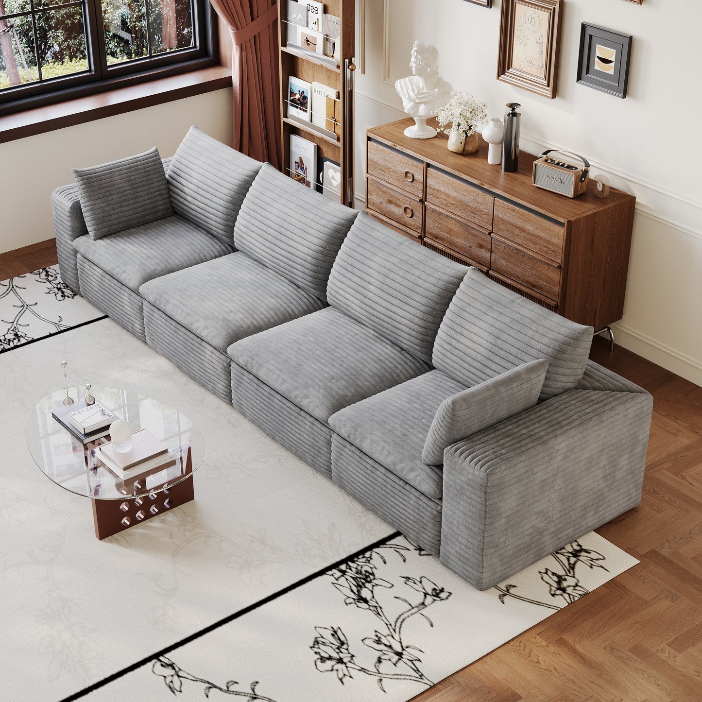 134" Cloud Sofa - Corduroy Fabric, Deep Seat, Removable Cushion, Grey