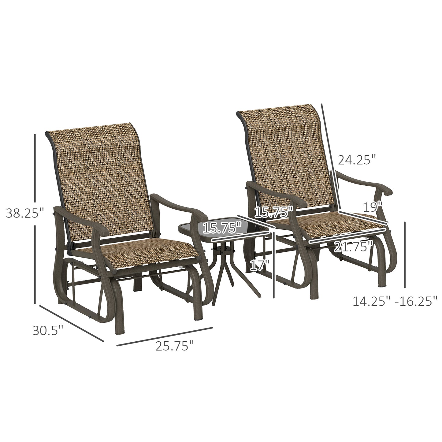 3-Piece Outdoor Glider Set with Steel Frame & Glass Table - Brown
