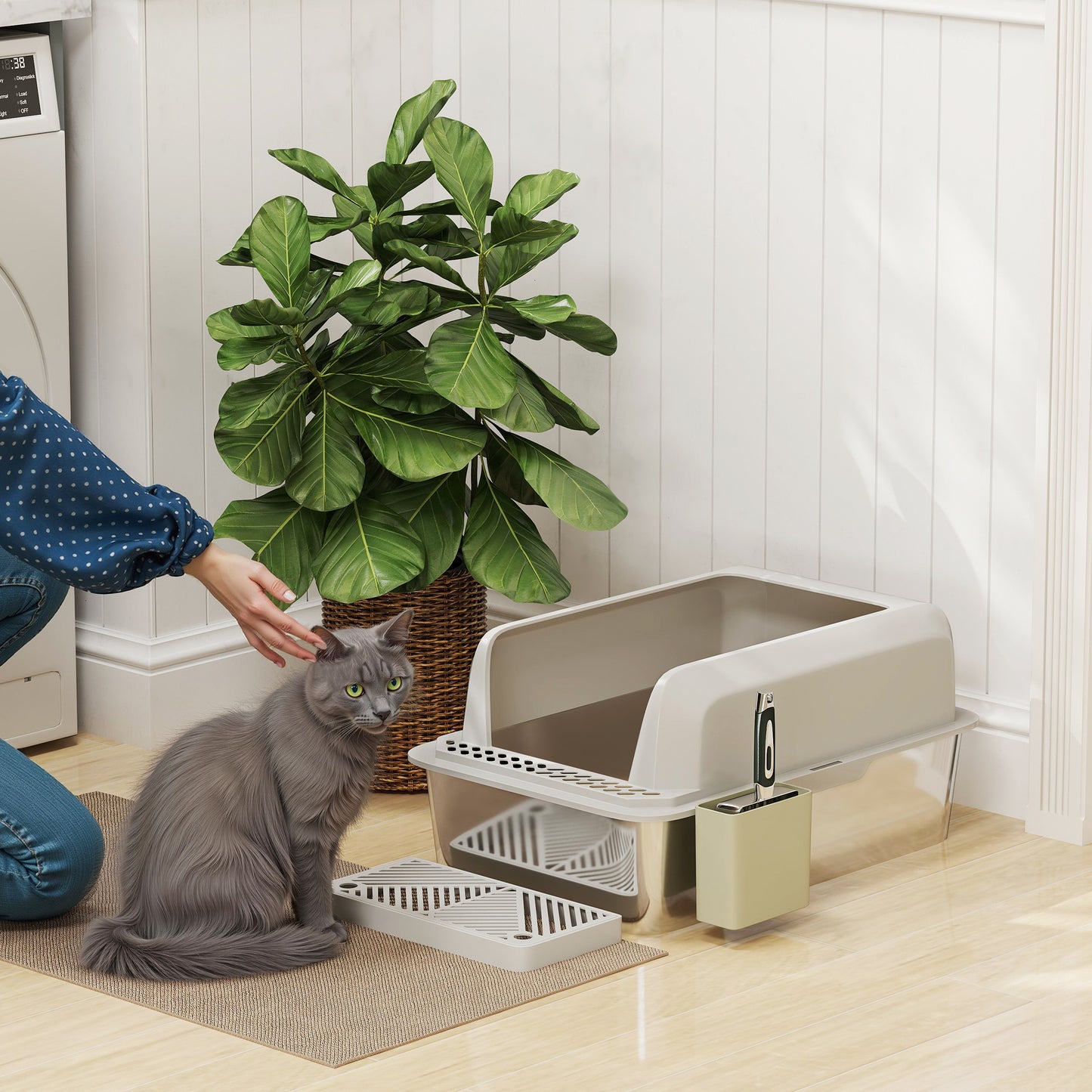 Stainless Steel Cat Litter Box with Scoop & Holder, High Sided, Leakproof