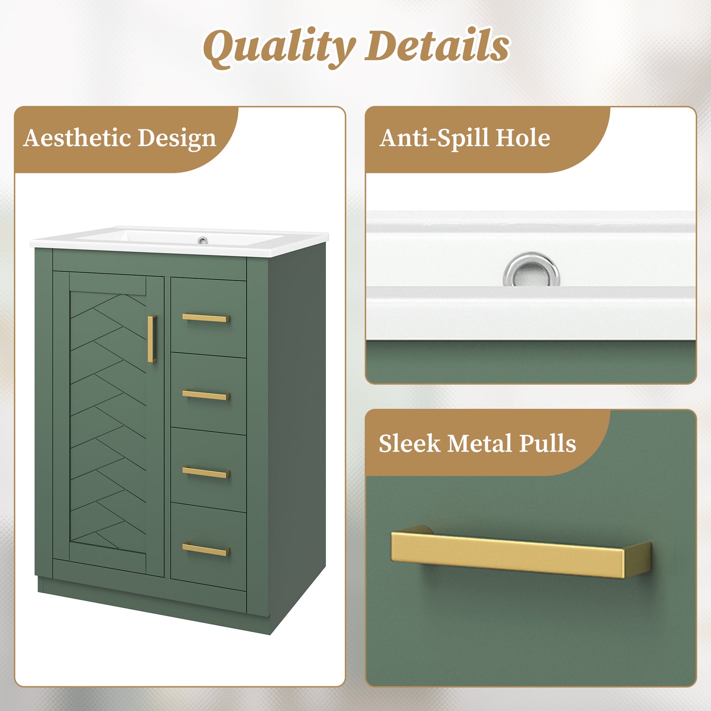24" Green Bathroom Vanity with Integrated Ceramic Sink & 3 Drawers
