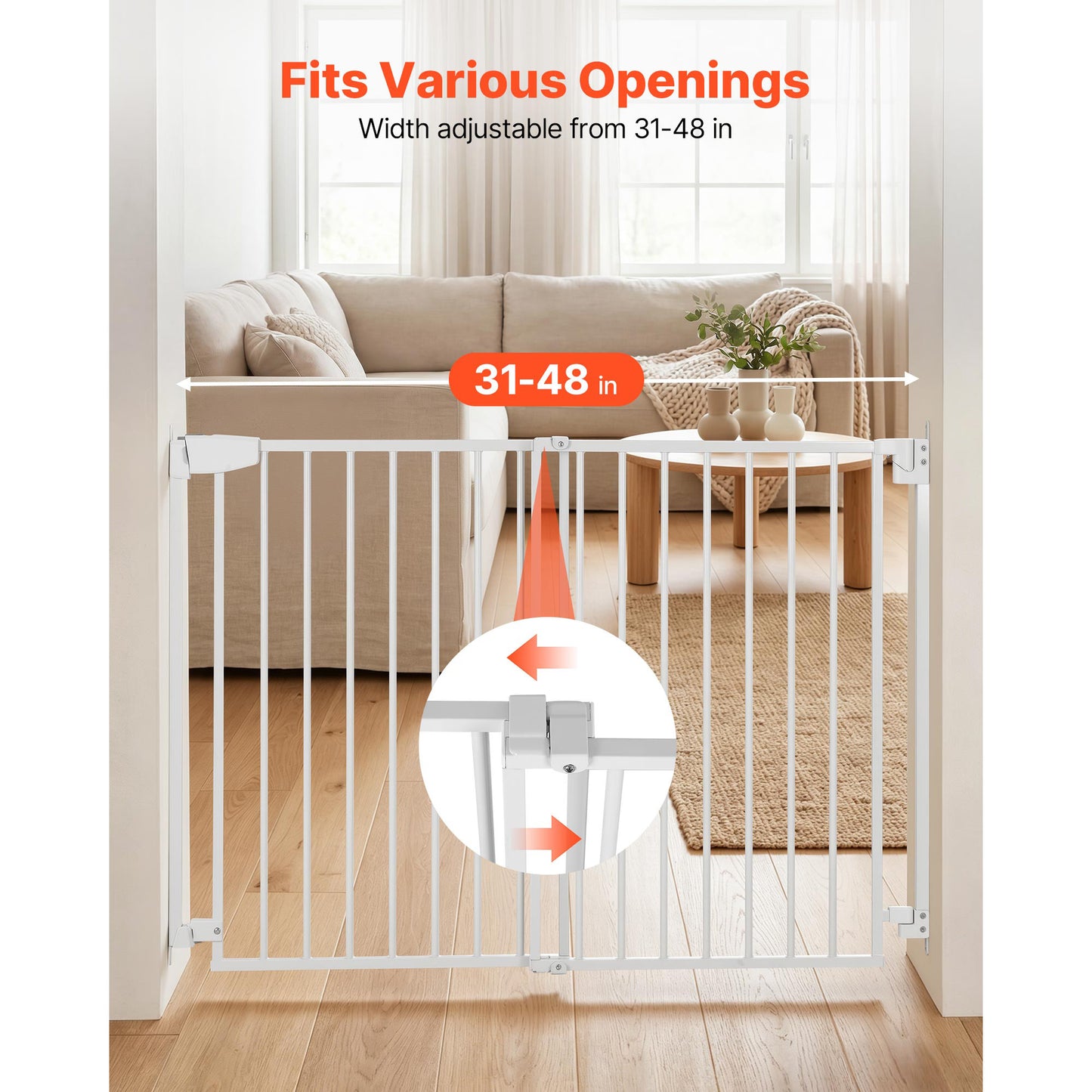 Baby Safety Gate for Stairs & Doorways, Adjustable 31-48 In, No Bottom Bar, One-Handed Operation, Easy Installation, White