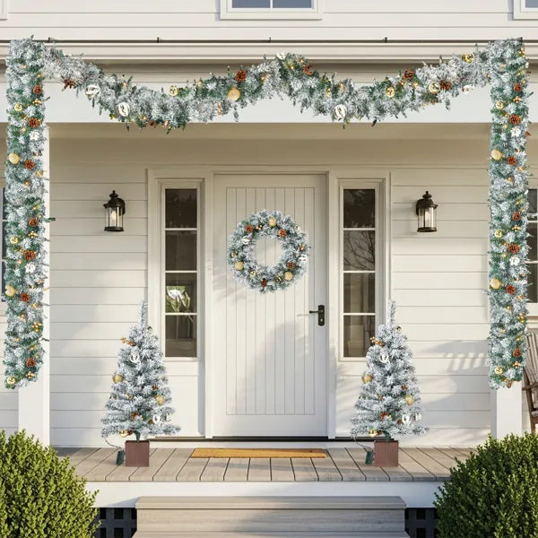 Pre-lit Christmas Decor Set - Garland, Wreath & 2 Trees with LED Lights